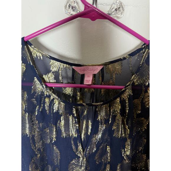 Lilly Pulitzer Beccer Silk Clip Top Navy Blue Gold Blouse Top Women's XS - Picture 7 of 10